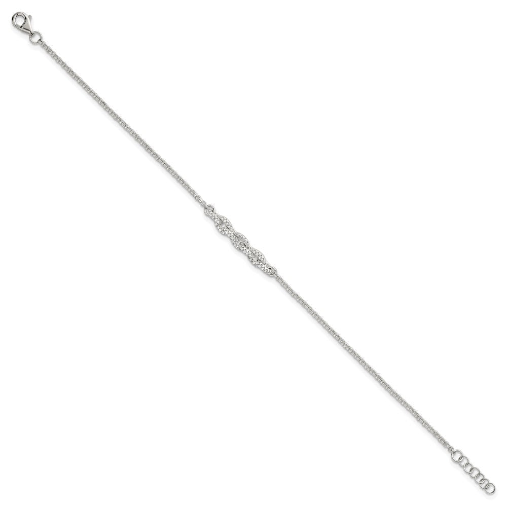 Sterling Silver Polished Pave CZ Cable Link 6.75 Inch with 0.5 Inch Extension Bracelet QG6848-6.75