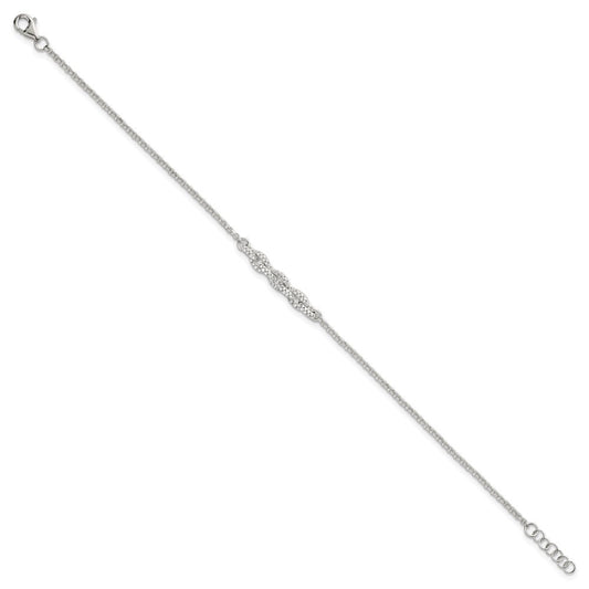 Sterling Silver Polished Pave CZ Cable Link 6.75 Inch with 0.5 Inch Extension Bracelet QG6848-6.75