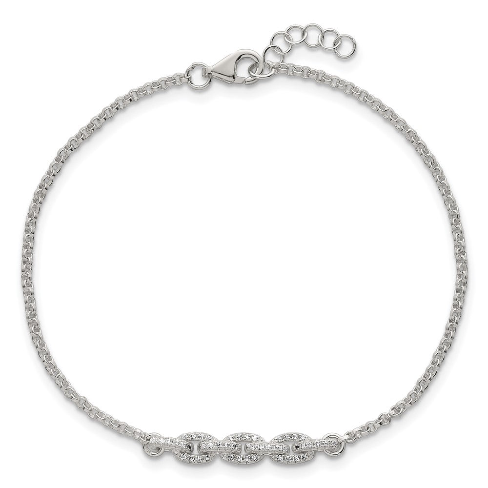 Sterling Silver Polished Pave CZ Cable Link 6.75 Inch with 0.5 Inch Extension Bracelet QG6848-6.75