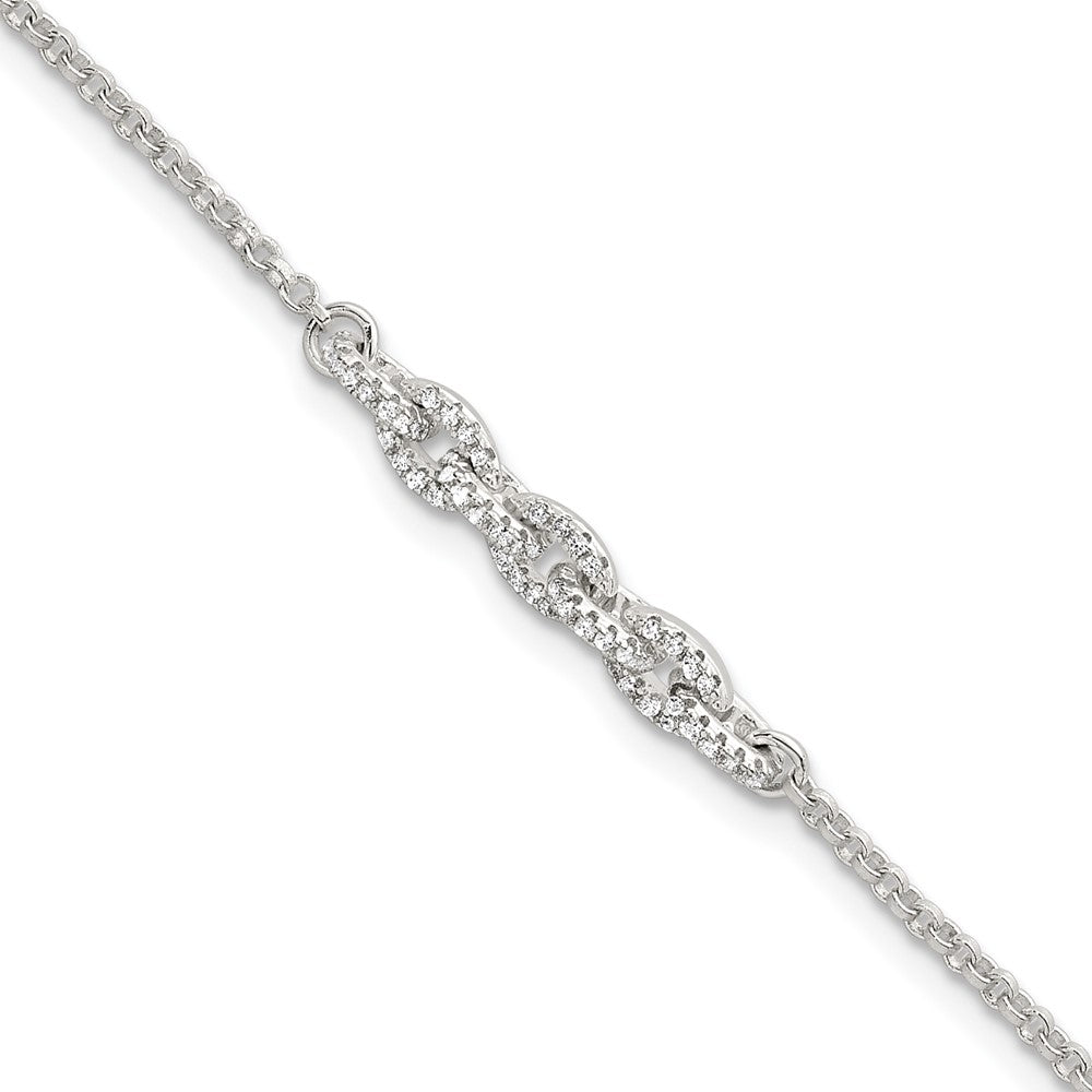 Sterling Silver Polished Pave CZ Cable Link 6.75 Inch with 0.5 Inch Extension Bracelet QG6848-6.75