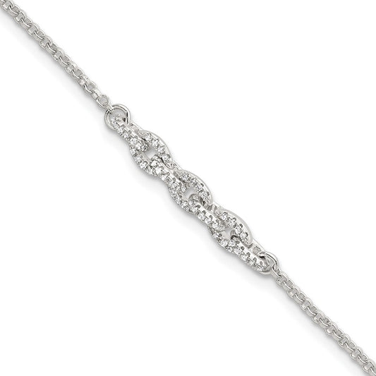 Sterling Silver Polished Pave CZ Cable Link 6.75 Inch with 0.5 Inch Extension Bracelet QG6848-6.75