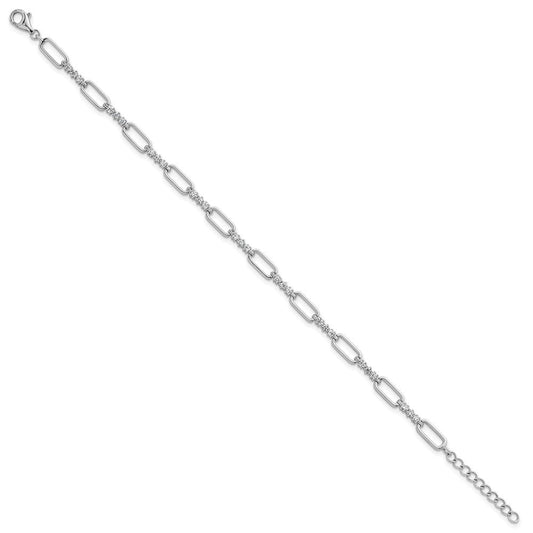 Sterling Silver Rhodium-plated Polished CZ and Paperclip Link 7 Inch with 1 Inch Extension Bracelet QG6850-7