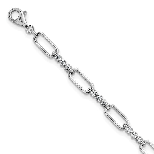 Sterling Silver Rhodium-plated Polished CZ and Paperclip Link 7 Inch with 1 Inch Extension Bracelet QG6850-7