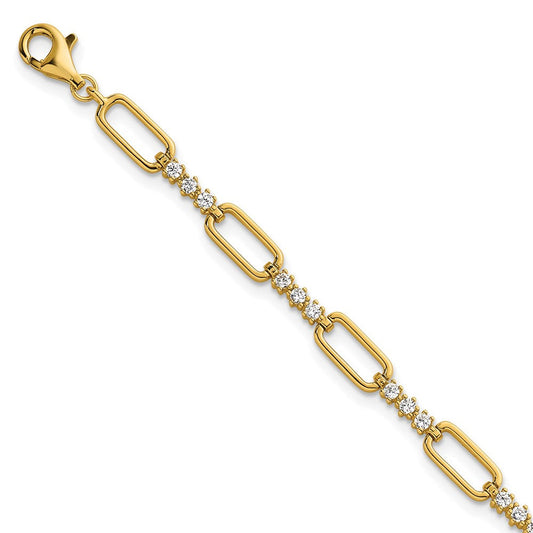 Sterling Silver Gold-tone Polished CZ and Paperclip Link 7 Inch with 1 Inch Extension Bracelet QG6850GP-7