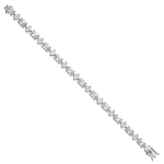 Sterling Silver Rhodium-plated Polished Fancy Princess and Emerald-cut CZ 7.25 Inch Bracelet QG6859-7.25