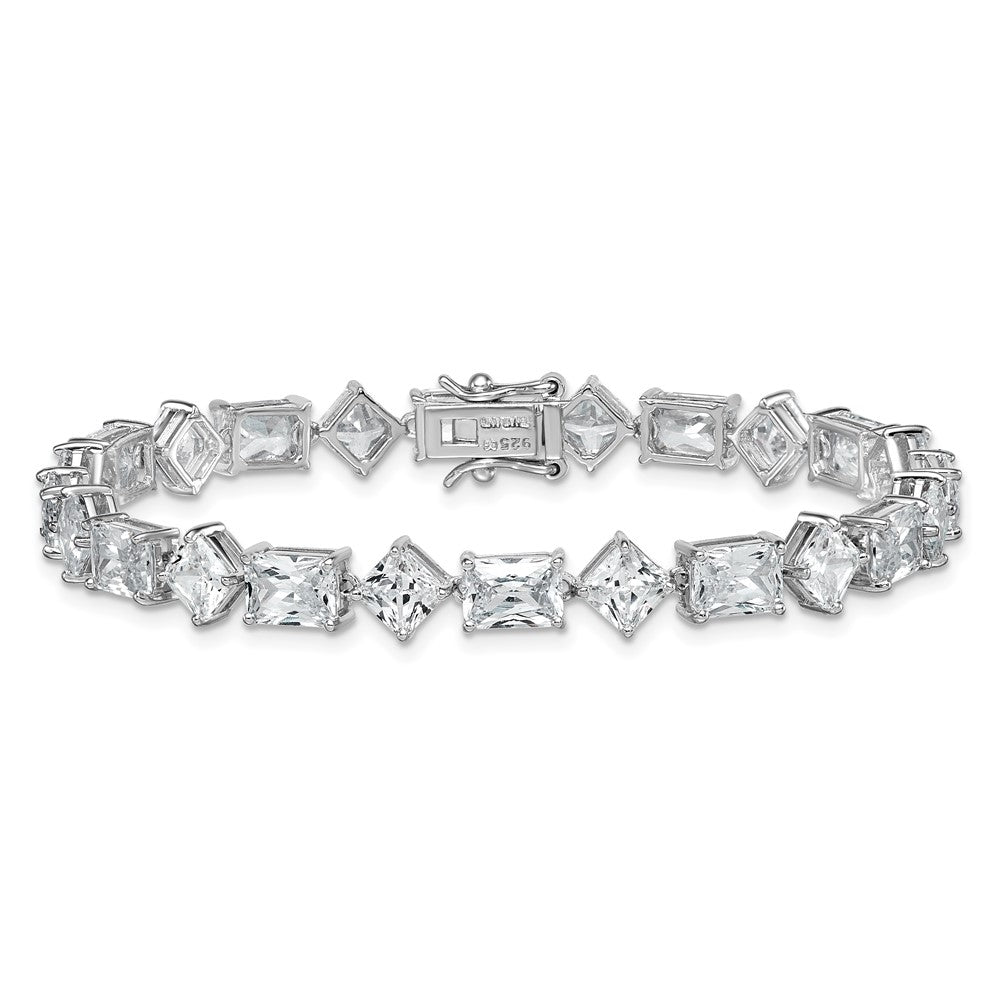 Sterling Silver Rhodium-plated Polished Fancy Princess and Emerald-cut CZ 7.25 Inch Bracelet QG6859-7.25