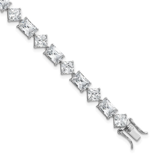 Sterling Silver Rhodium-plated Polished Fancy Princess and Emerald-cut CZ 7.25 Inch Bracelet QG6859-7.25
