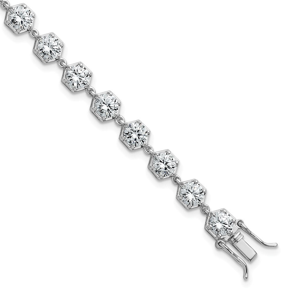 Sterling Silver Rhodium-plated Polished Round CZ in Hexagon Setting 8 Inch Bracelet QG6860-8