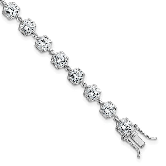 Sterling Silver Rhodium-plated Polished Round CZ in Hexagon Setting 8 Inch Bracelet QG6860-8