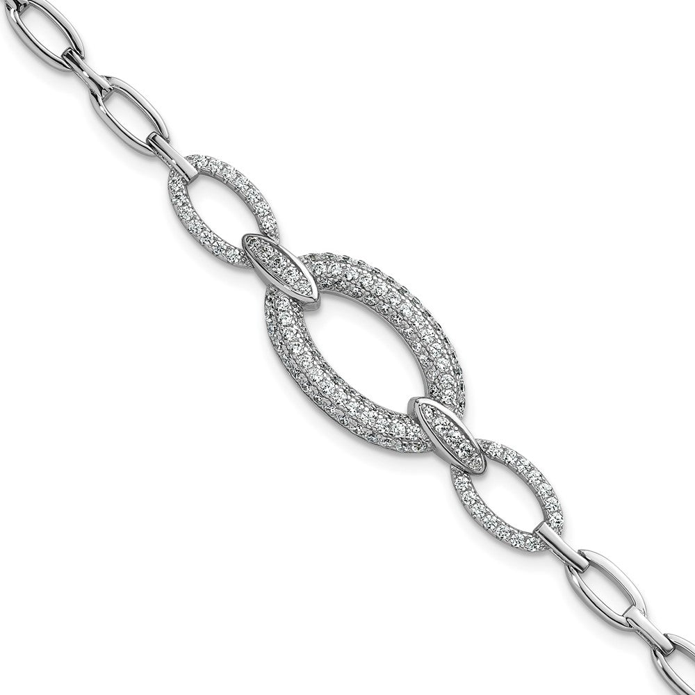 Sterling Silver Rhodium-plated Polished CZ Oval Link 7 inch Bracelet QG6864-7