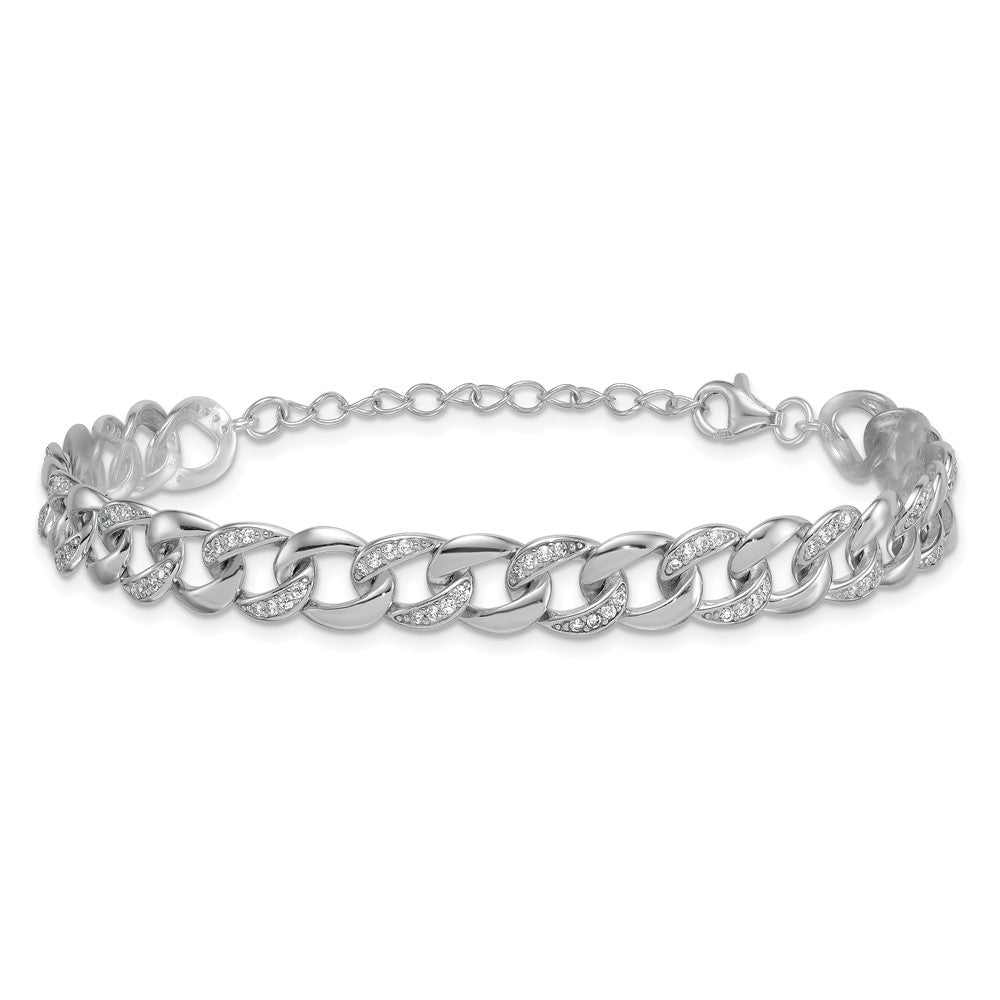 Sterling Silver Rhodium-plated Polished CZ 8.00mm Curb Link 7 Inch with 1.5 Inch Extension Bracelet QG6867-7