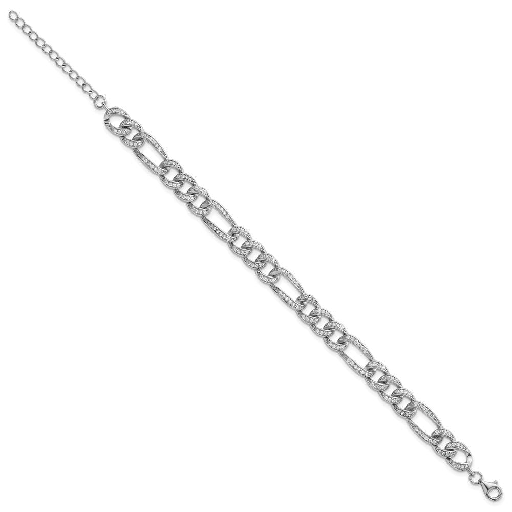 Sterling Silver Rhodium-plated Polished CZ 8.5mm Figaro Link 7 Inch with 1.5 Inch Extension Bracelet QG6868-7
