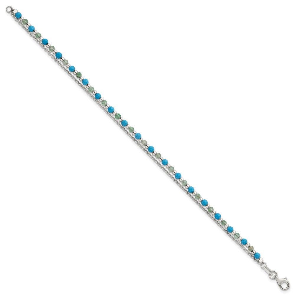 Sterling Silver Polished Green Aventurine and Turquoise Beaded Double Strand 7.5 inch Bracelet QG6872-7.5