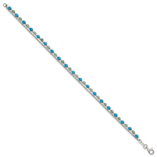 Sterling Silver Polished Green Aventurine and Turquoise Beaded Double Strand 7.5 inch Bracelet QG6872-7.5