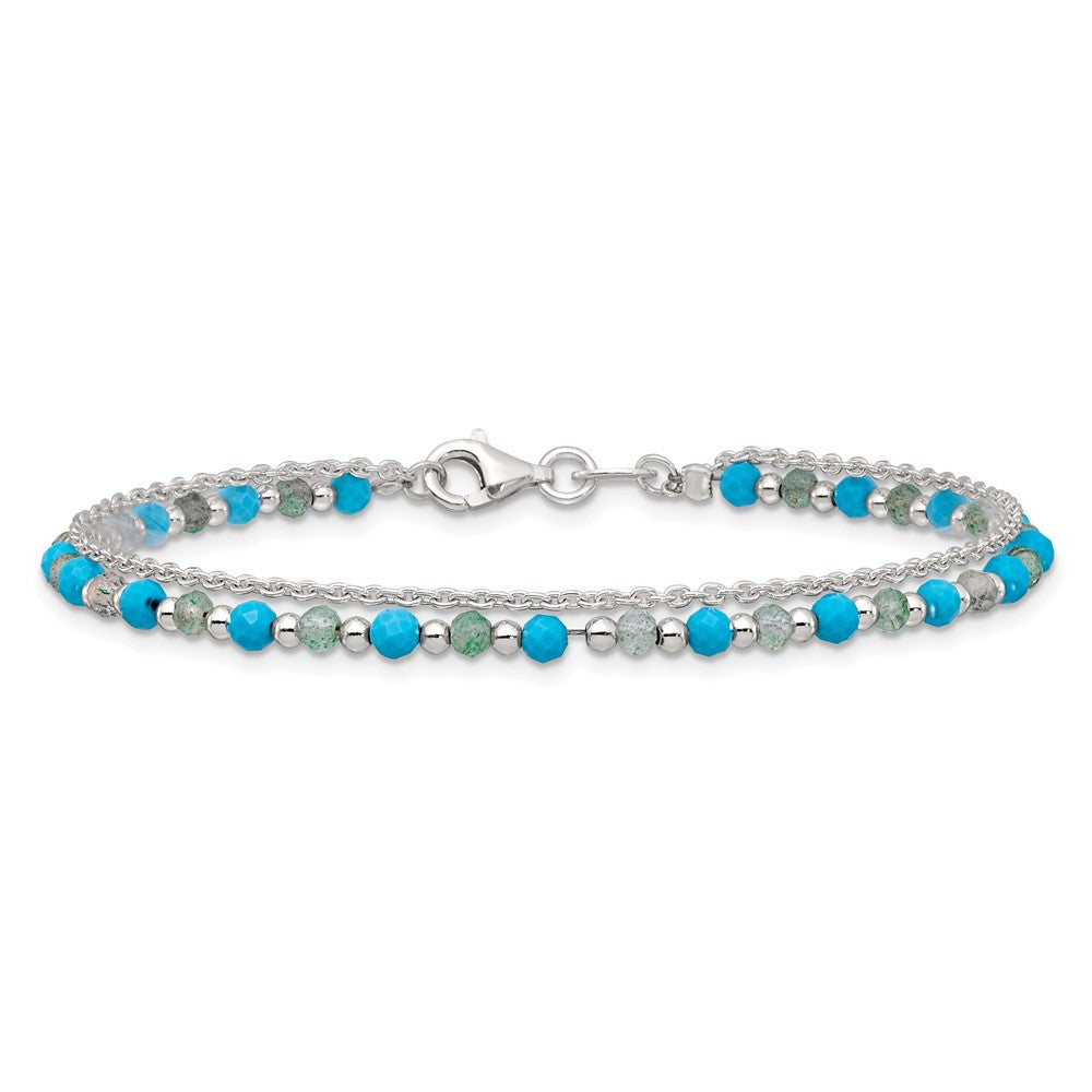 Sterling Silver Polished Green Aventurine and Turquoise Beaded Double Strand 7.5 inch Bracelet QG6872-7.5