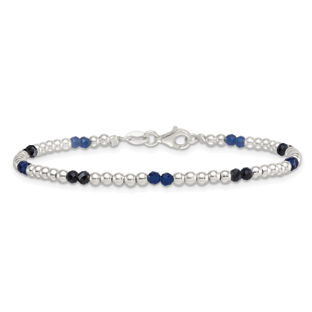 Sterling Silver Polished Blue Agate and Spinel Beaded 7.5 inch Bracelet QG6873-7.5