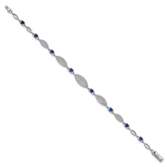 Sterling Silver Rhodium-plated Marquise Blue and White CZ Oval Link 7 inch Bracelet QG6874-7