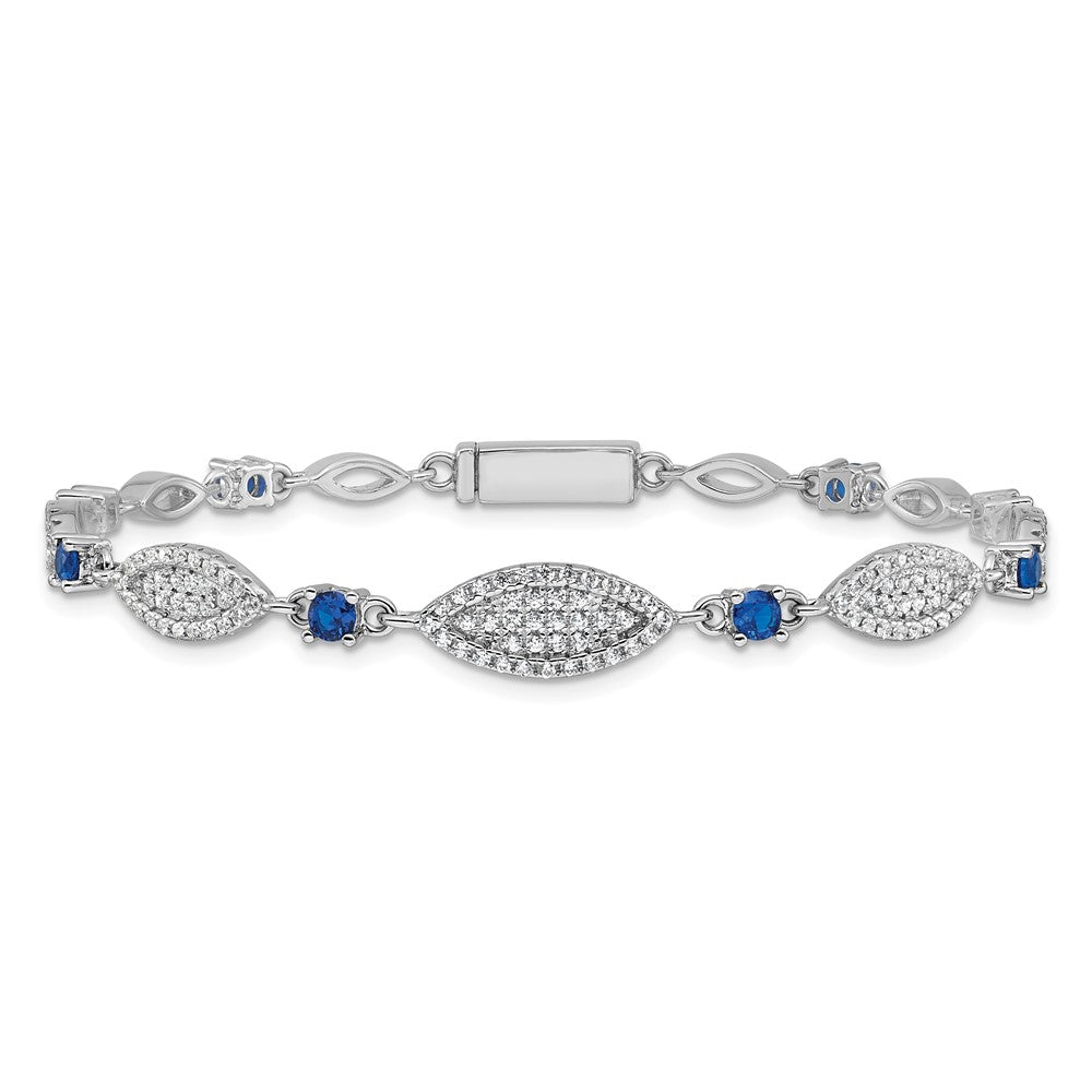Sterling Silver Rhodium-plated Marquise Blue and White CZ Oval Link 7 inch Bracelet QG6874-7