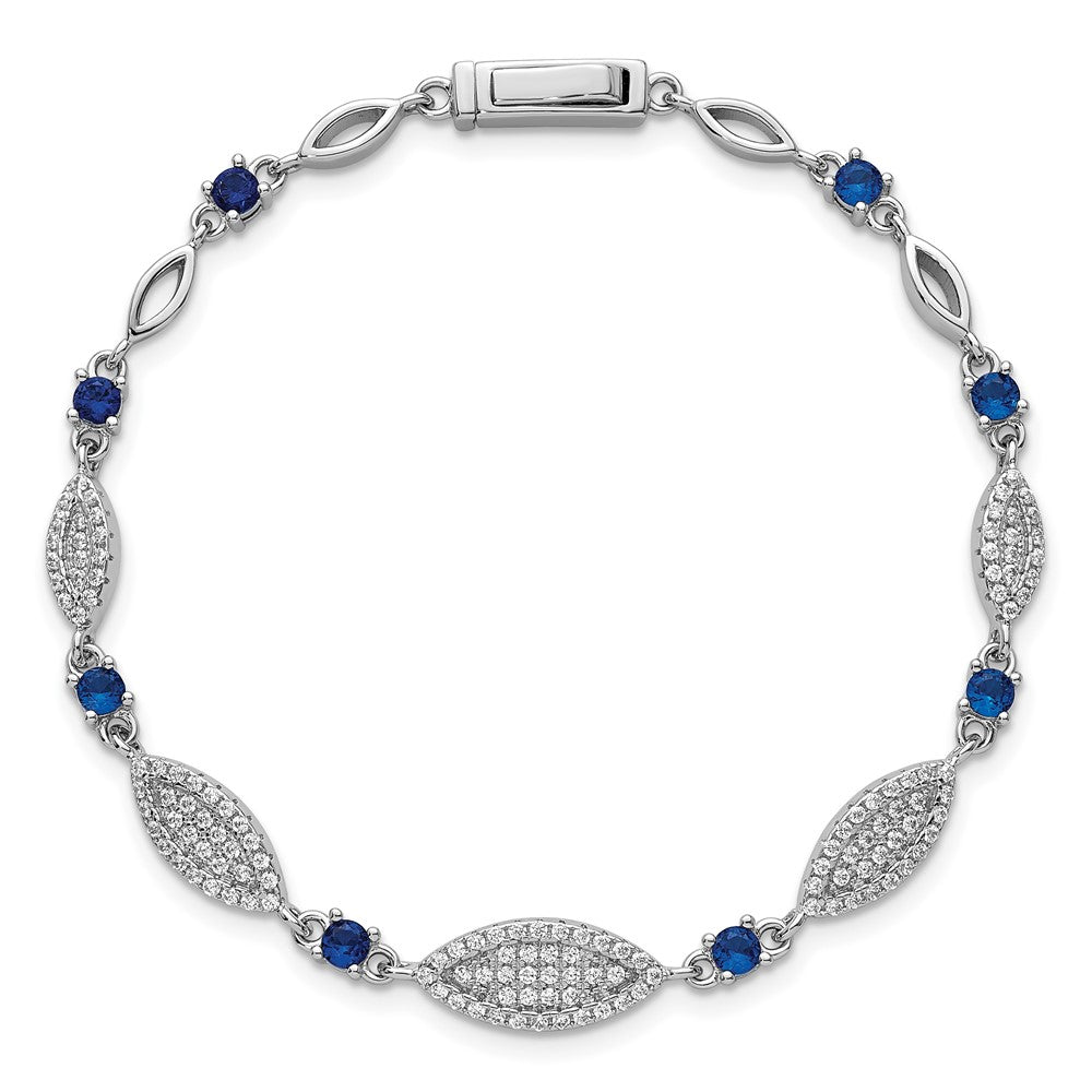 Sterling Silver Rhodium-plated Marquise Blue and White CZ Oval Link 7 inch Bracelet QG6874-7