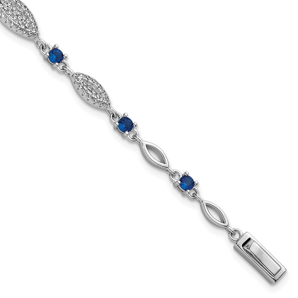 Sterling Silver Rhodium-plated Marquise Blue and White CZ Oval Link 7 inch Bracelet QG6874-7