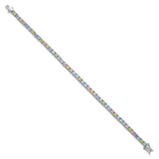 Sterling Silver Rhodium-plated Polished Pastel Green, Pink, Blue and Purple CZ 7.25 inch Bracelet QG6875-7.25