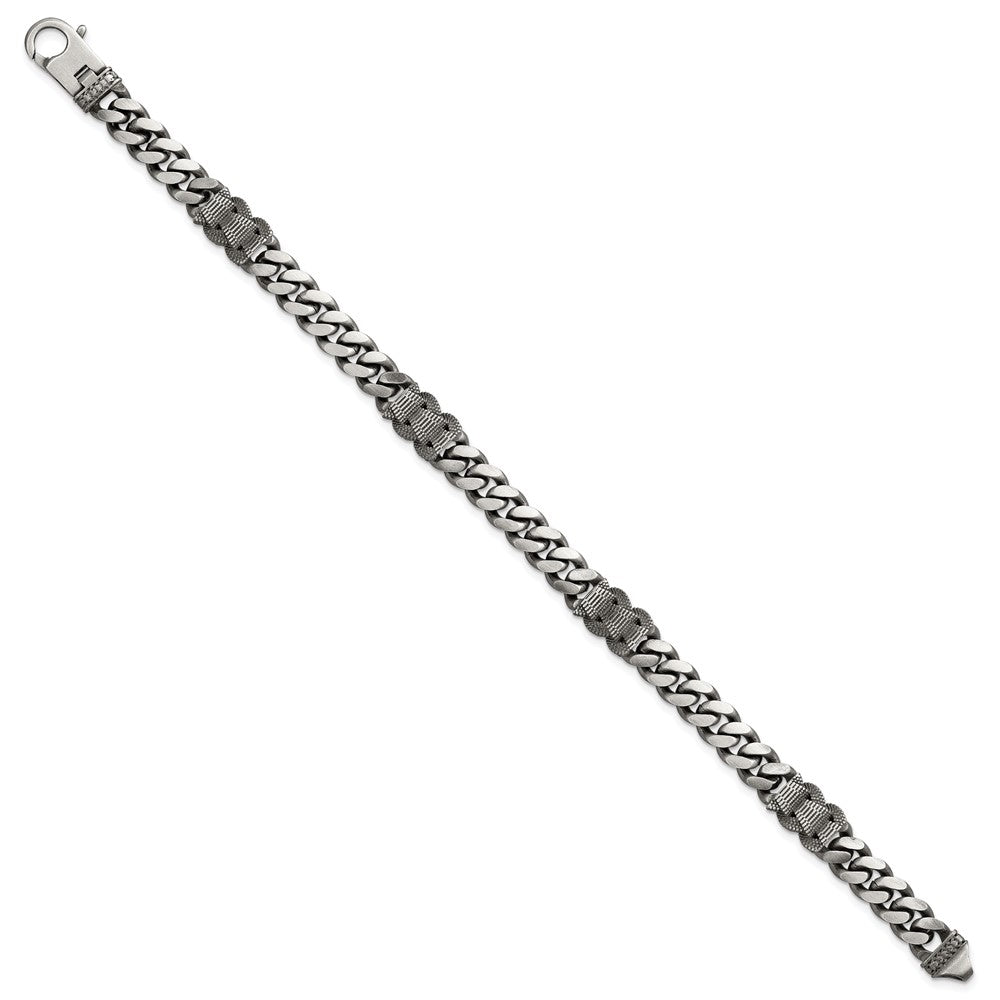 Sterling Silver Black Ruthenium-plated Brushed and Textured Fancy Flat Curb Chain Mens 8.5 inch Bracelet QG6917-8.5