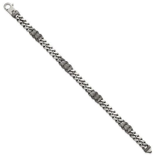 Sterling Silver Black Ruthenium-plated Brushed and Textured Fancy Flat Curb Chain Mens 8.5 inch Bracelet QG6917-8.5
