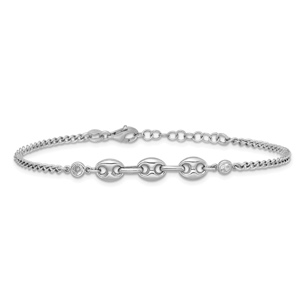 Sterling Silver Rhodium-plated Puffed Mariner Center with Side CZs 7 inch with 1 inch Extender Bracelet QG6921-7
