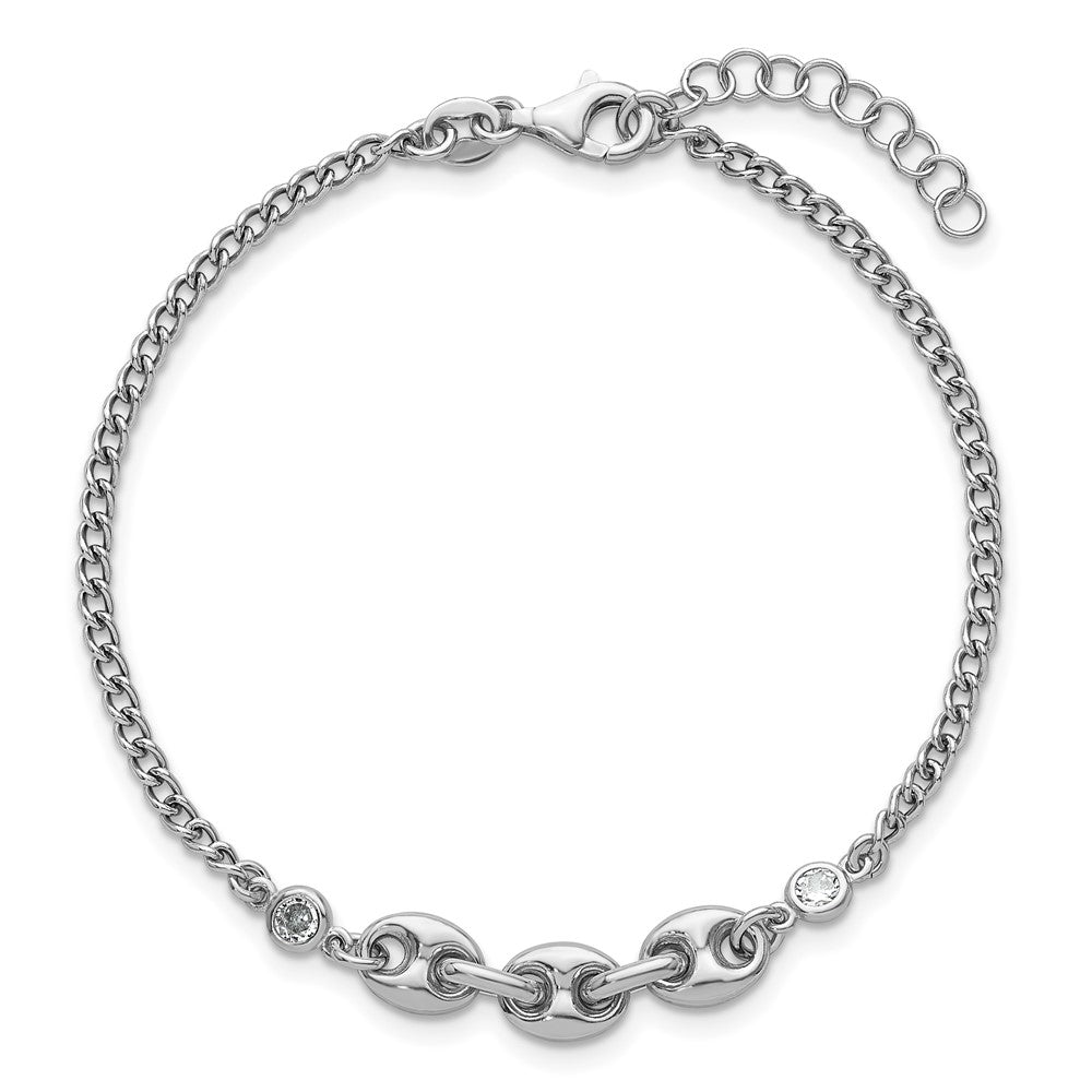 Sterling Silver Rhodium-plated Puffed Mariner Center with Side CZs 7 inch with 1 inch Extender Bracelet QG6921-7