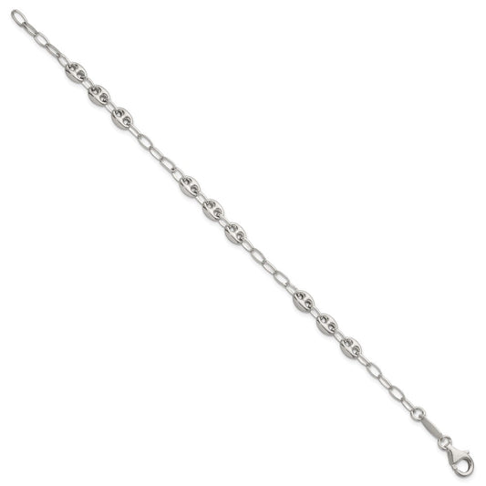 Sterling Silver Puffed Anchor/Mariner Link and Chain 8 inch Bracelet QG6922-8