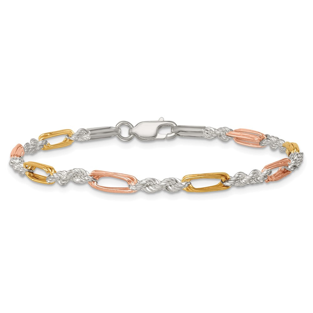 Sterling Silver Rose-tone and Gold-tone Polished 4.0mm Figaro Rope 7.5 Inch Bracelet QG6924-7.5