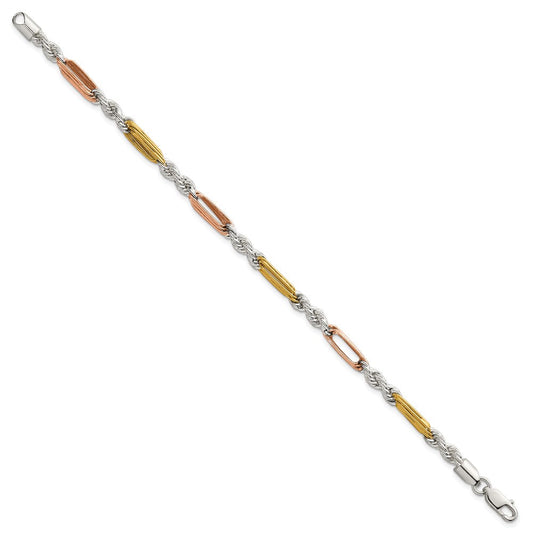 Sterling Silver Rose-tone and Gold-tone Polished 4.5mm Figaro Rope 7.5 Inch Bracelet QG6927-7.5