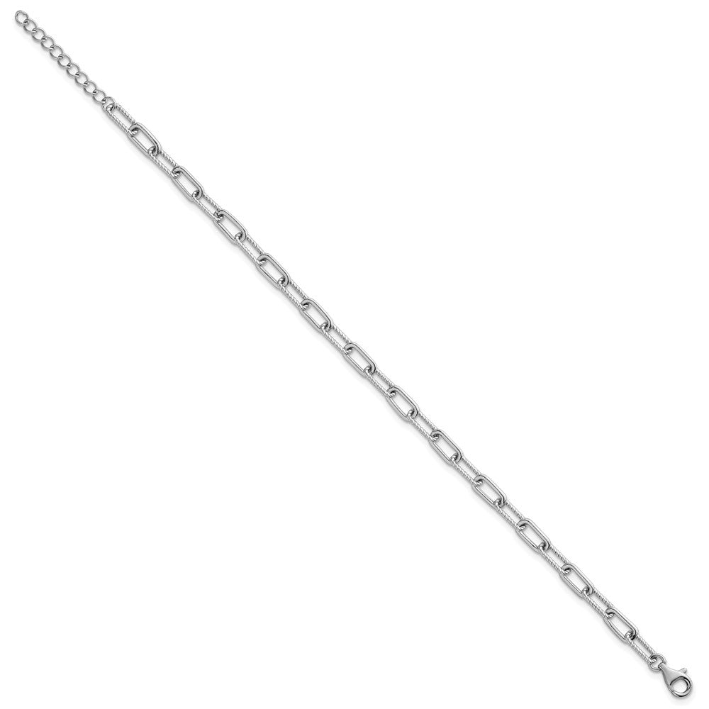 Sterling Silver Rhodium-plated Polished and Twisted Paperclip Link 7 Inch with 1 Inch Extension Bracelet QG6934-7