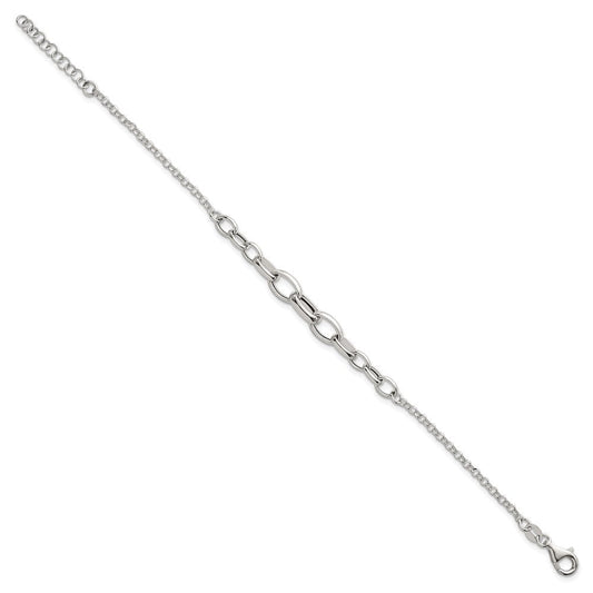 Sterling Silver Polished Fancy Graduated Cable Link 7 Inch with 1 Inch Extension Bracelet QG6935-7