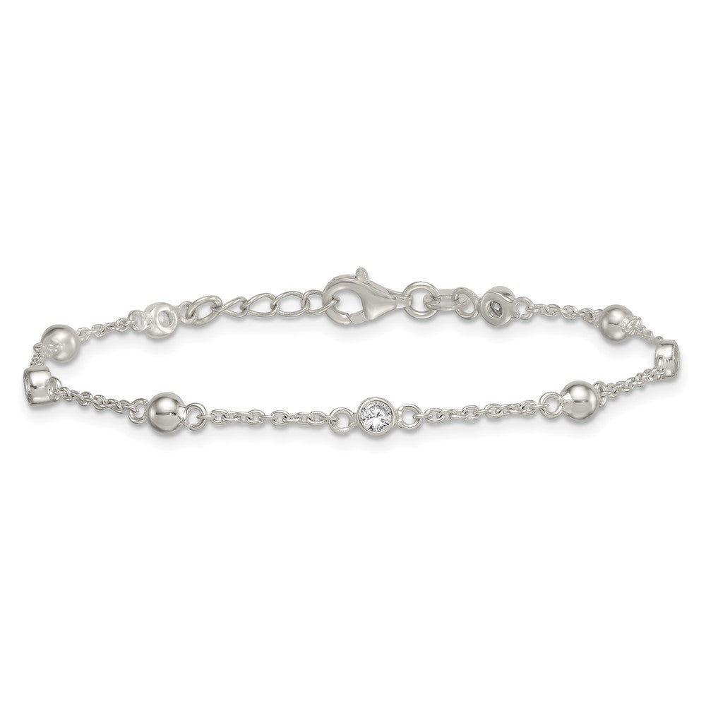Sterling Silver Polished and Beaded CZ 6.75 inch with 0.5 inch Extension Bracelet QG6941-7