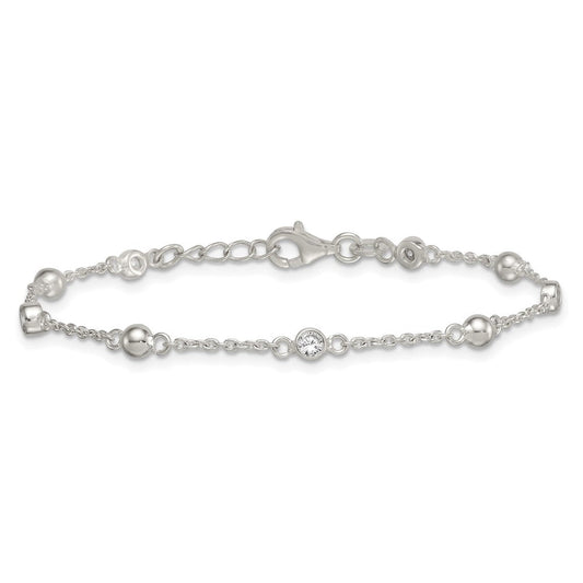 Sterling Silver Polished and Beaded CZ 6.75 inch with 0.5 inch Extension Bracelet QG6941-7