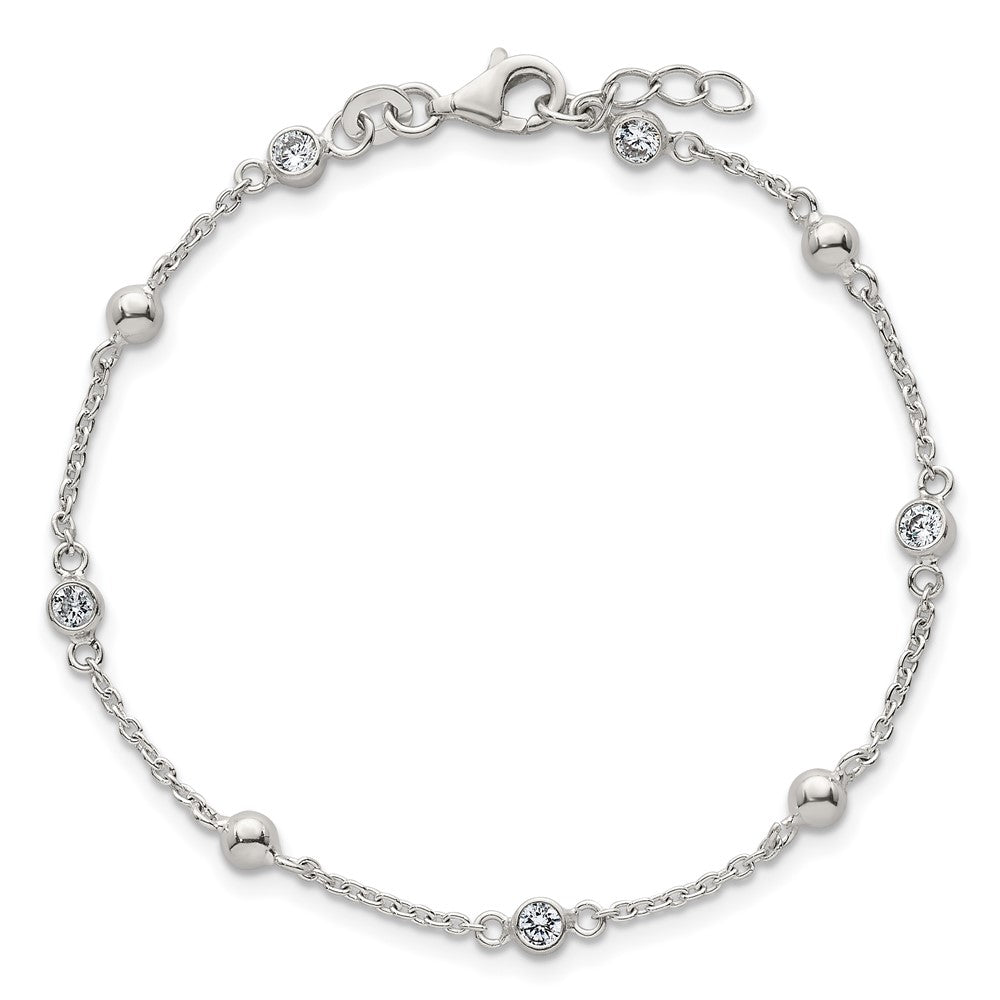 Sterling Silver Polished and Beaded CZ 6.75 inch with 0.5 inch Extension Bracelet QG6941-7
