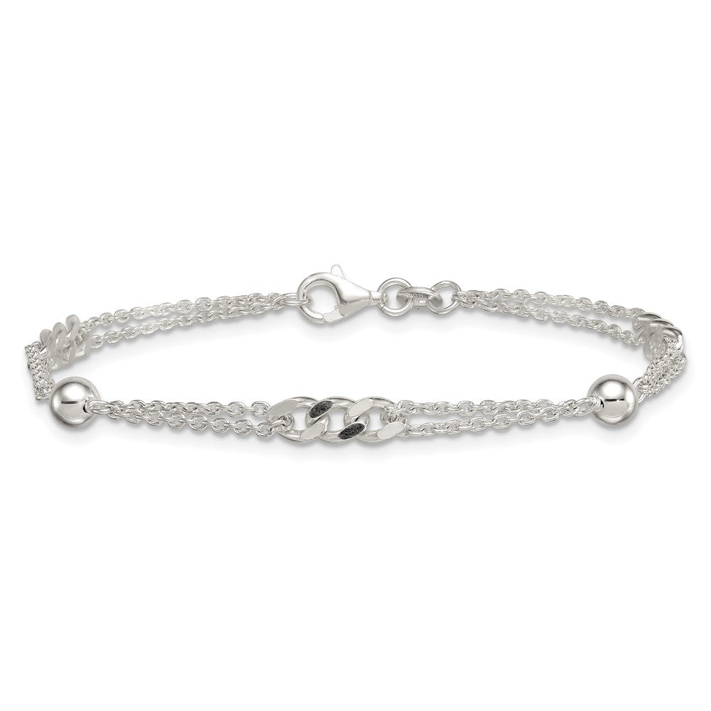 Sterling Silver Polished and Beaded Fancy Double-Strand Link 7.25 inch Bracelet QG6942-7.25