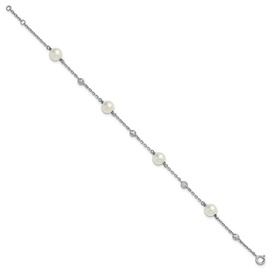 Sterling Silver Rhodium-plated Polished CZ and Shell Pearl 8-Station 7 inch with 0.5 inch Extender Bracelet QG6948-7