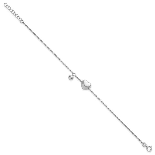 Sterling Silver Rhodium-plated Polished Puffed Heart and Ball 7 inch with 1 inch Extender Bracelet QG6952-7