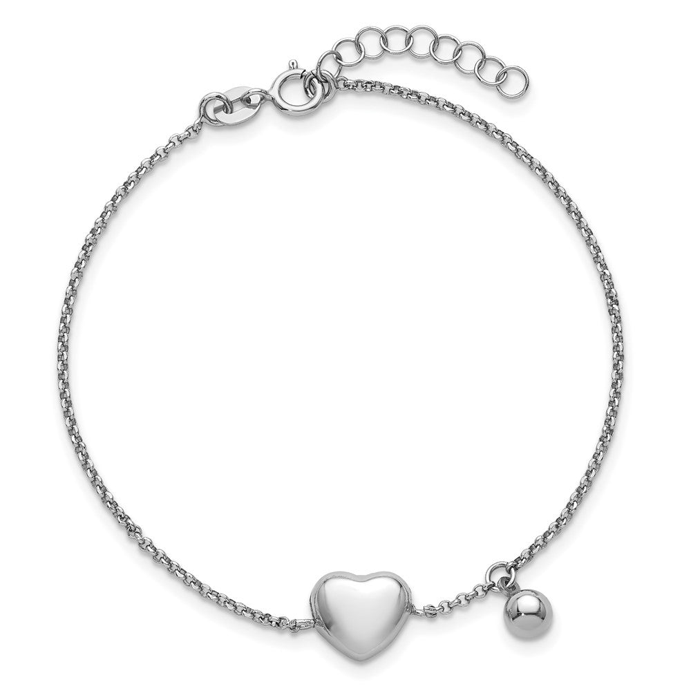 Sterling Silver Rhodium-plated Polished Puffed Heart and Ball 7 inch with 1 inch Extender Bracelet QG6952-7