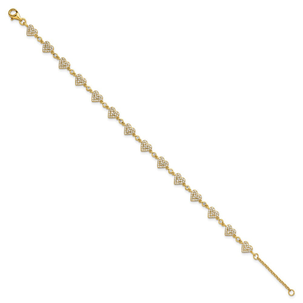 Sterling Silver Gold-tone Polished Pave CZ Hearts 7 Inch with 1 Inch Extension Bracelet QG6955GP-7