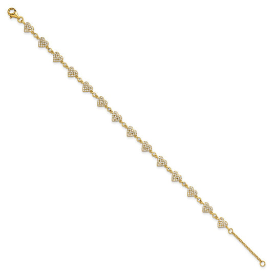 Sterling Silver Gold-tone Polished Pave CZ Hearts 7 Inch with 1 Inch Extension Bracelet QG6955GP-7