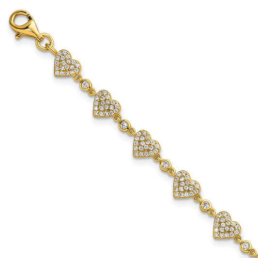Sterling Silver Gold-tone Polished Pave CZ Hearts 7 Inch with 1 Inch Extension Bracelet QG6955GP-7