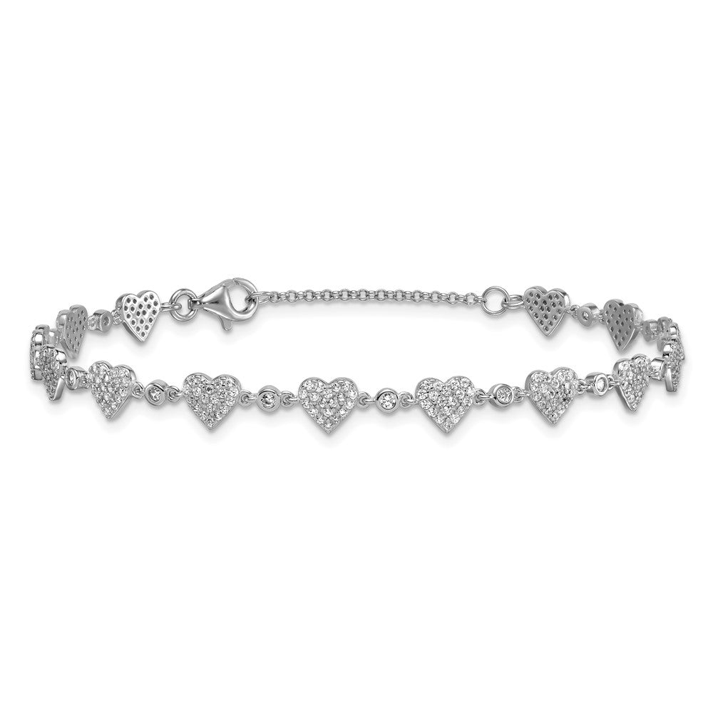 Sterling Silver Rhodium-plated Polished Pave CZ Hearts 7 Inch with 1 Inch Extension Bracelet QG6956-7
