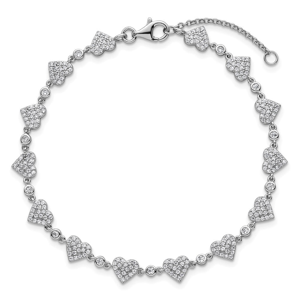 Sterling Silver Rhodium-plated Polished Pave CZ Hearts 7 Inch with 1 Inch Extension Bracelet QG6956-7