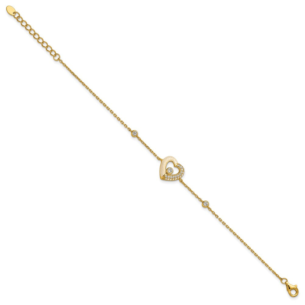 Sterling Silver Gold-tone Polished CZ and Champagne Enamel Open Heart 7 inch with 1 inch Extension Bracelet QG6957GP-7