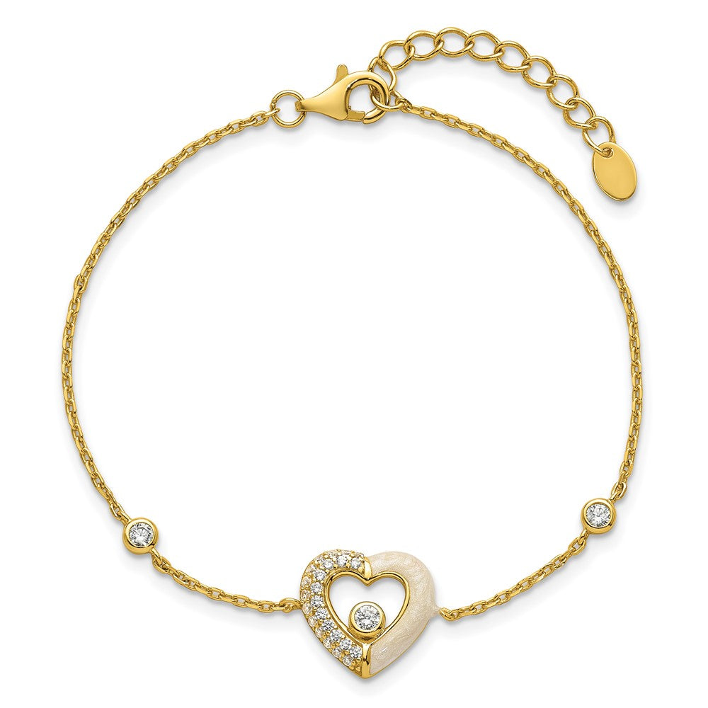 Sterling Silver Gold-tone Polished CZ and Champagne Enamel Open Heart 7 inch with 1 inch Extension Bracelet QG6957GP-7