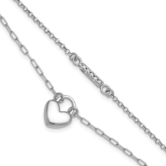 Sterling Silver Rhodium-plated CZ Puffed Heart 7 inch with 1 inch extender 2-strand Bracelet QG6959-7