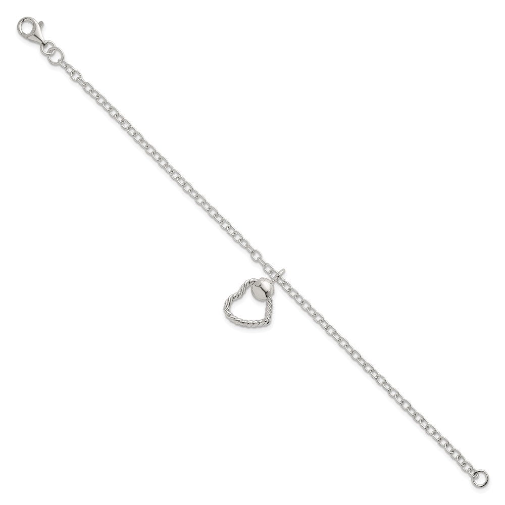 Sterling Silver Polished and Twisted Heart Dangle 7.5 Inch Cable Chain Bracelet QG6961-7.5
